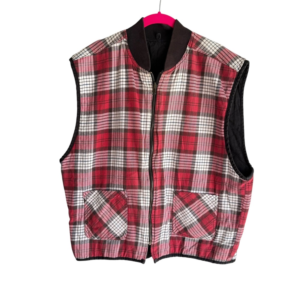 VINTAGE 90's MARLBORO Country Store Plaid Red‎ Black Full Zip Reversible Vest, L